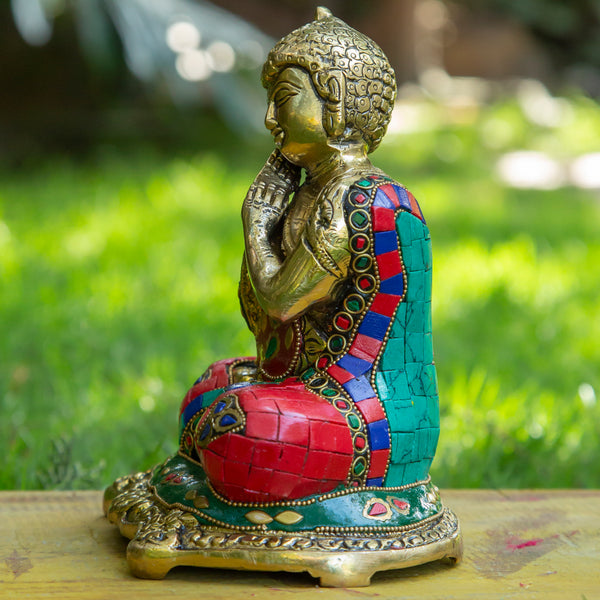 Resting Buddha Pure Bronze Statue with Coral, Turquoise and Lapis Stone Inlaid