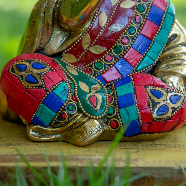 Lauging Buddha Pure Bronze Statue with Coral, Turquoise and Lapis Stone Inlaid