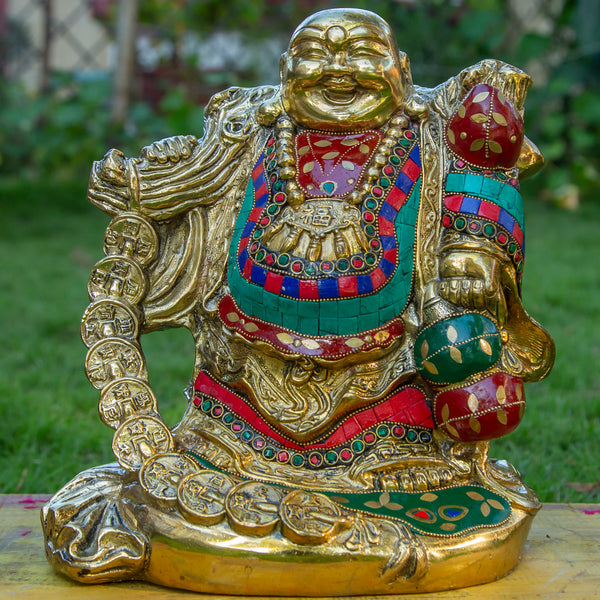 Lauging Buddha Pure Bronze Statue with Coral, Turquoise and Lapis Stone Inlaid