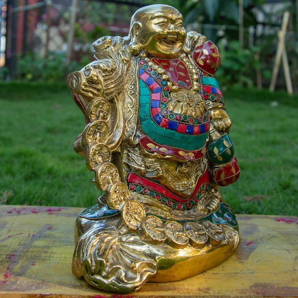 Lauging Buddha Pure Bronze Statue with Coral, Turquoise and Lapis Stone Inlaid
