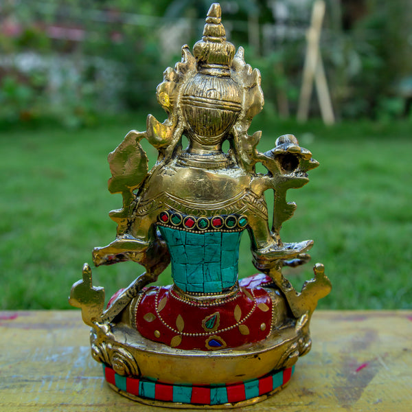 White Tara Buddha Pure Bronze Statue with Coral, Turquoise and Lapis Stone Inlaid
