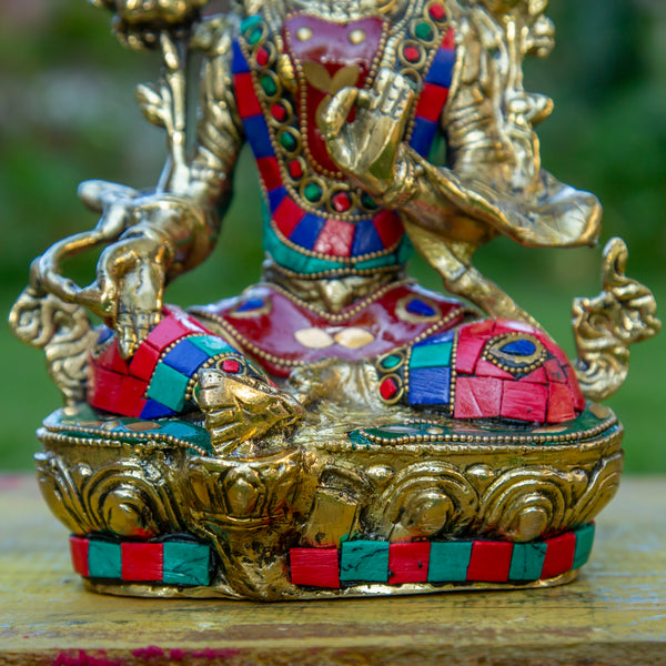 White Tara Buddha Pure Bronze Statue with Coral, Turquoise and Lapis Stone Inlaid