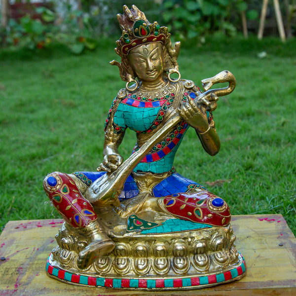 Goddess Saraswati Pure Bronze Statue with Coral, Turquoise and Lapis Stone Inlaid