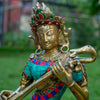 Goddess Saraswati Pure Bronze Statue with Coral, Turquoise and Lapis Stone Inlaid