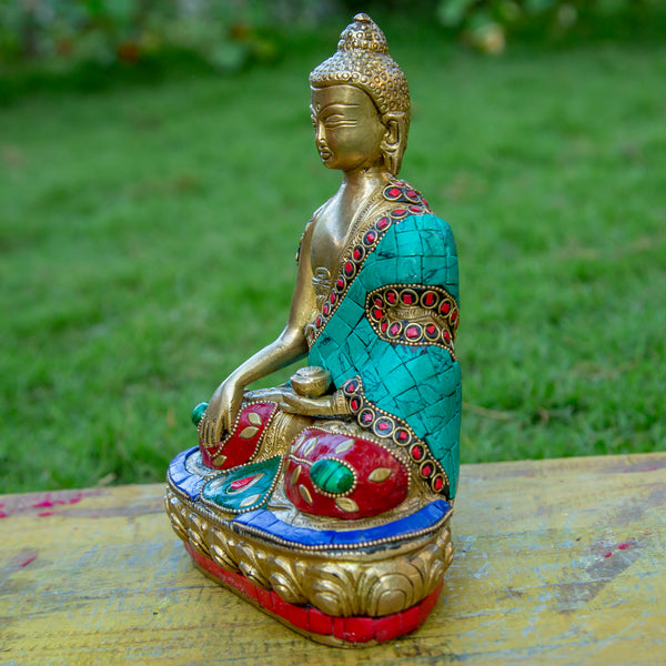 Shakyamuni Buddha Pure Bronze Statue with Coral, Turquoise and Lapis Stone Inlaid