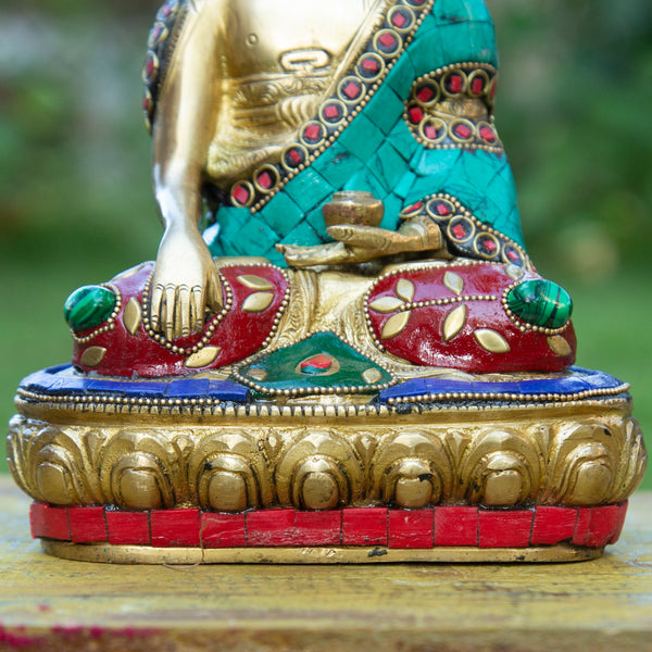 Shakyamuni Buddha Pure Bronze Statue with Coral, Turquoise and Lapis Stone Inlaid