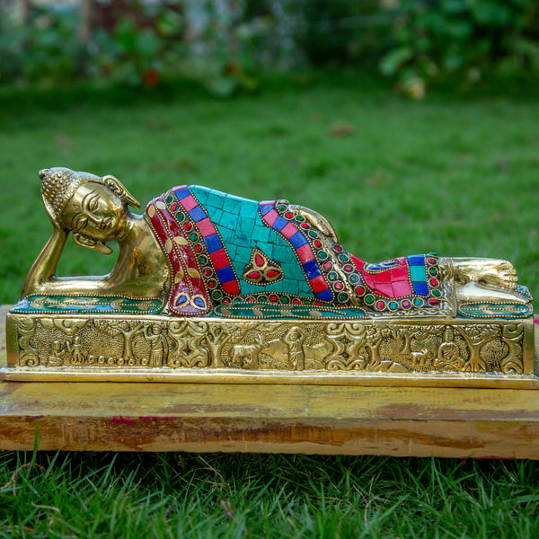 Sleeping or Reclining Buddha Pure Bronze Statue with Coral, Malachite and Lapis Stone Inlaid