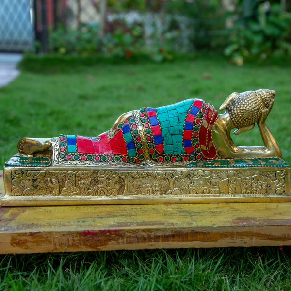 Sleeping or Reclining Buddha Pure Bronze Statue with Coral, Malachite and Lapis Stone Inlaid