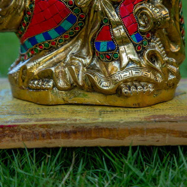 Lauging Buddha Pure Bronze Statue with Coral, Turquoise and Lapis Stone Inlaid