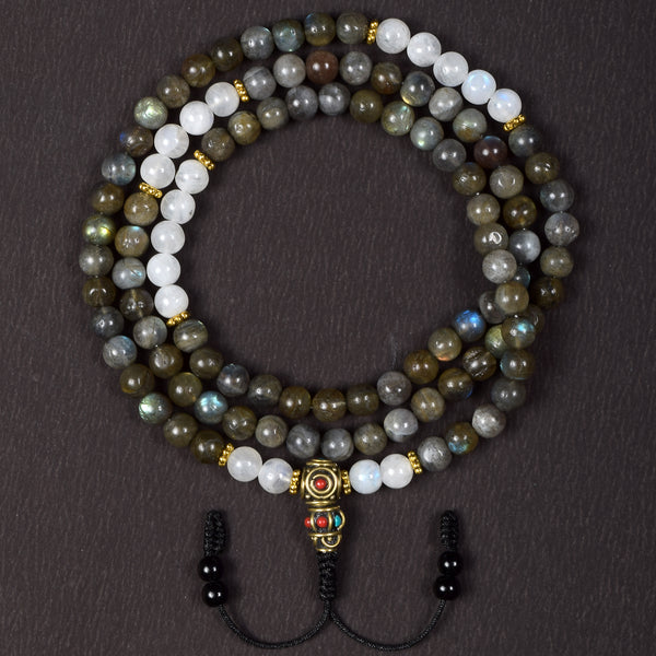 Labradorite & Moonstone Mala – Intuition & Transformation