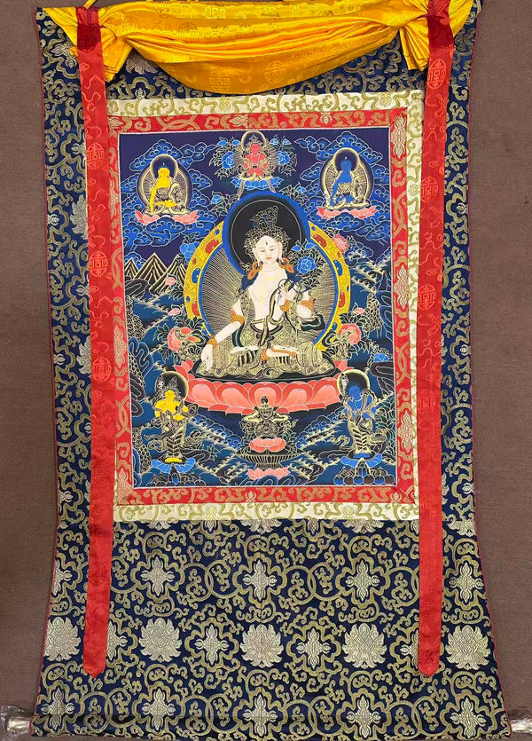 White Tara Thangka - Silk Framed
