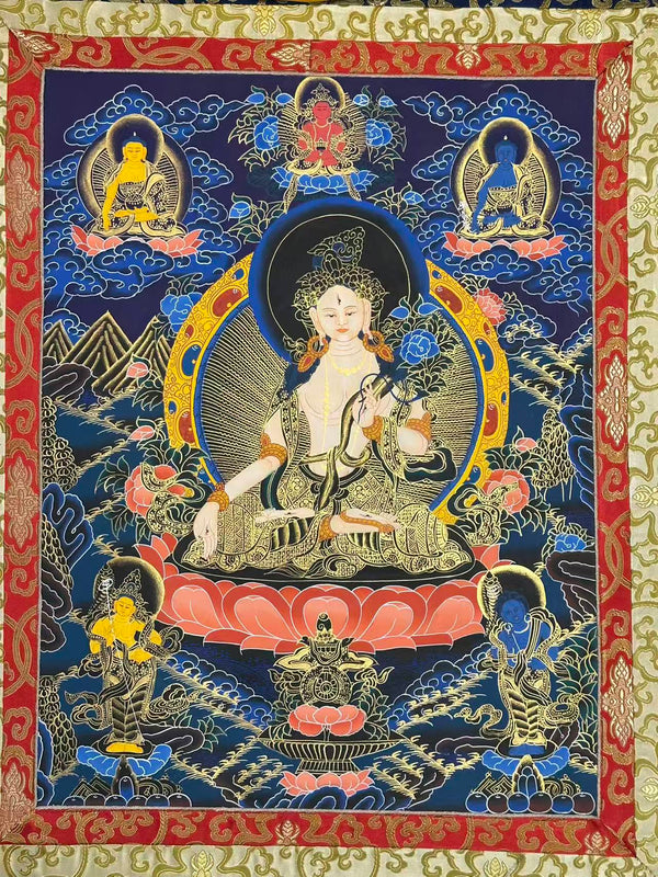 White Tara Thangka - Silk Framed
