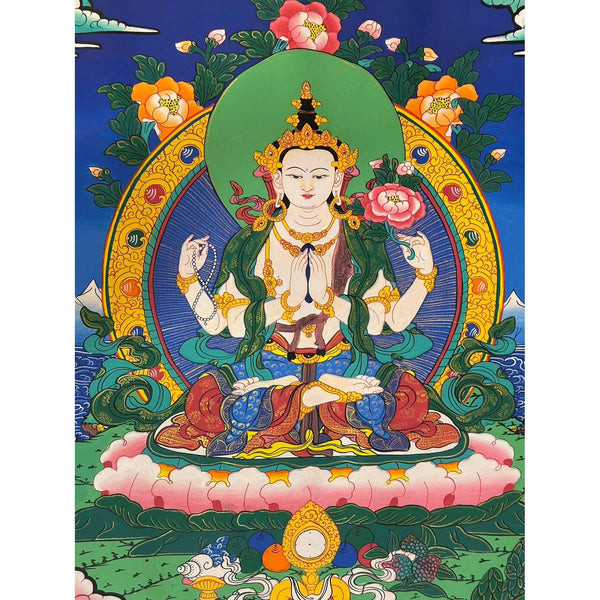 Chenrezig Thangka Painting - Silk Framed