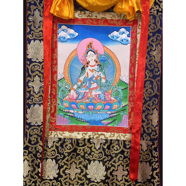 White Tara Thangka - Silk Framed