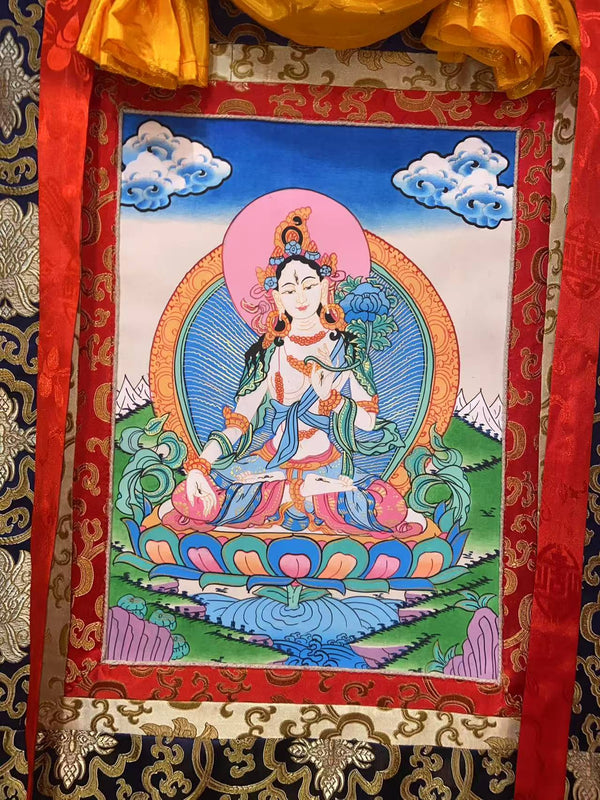 White Tara Thangka - Silk Framed