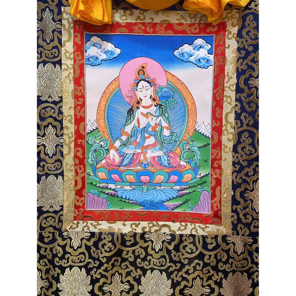 White Tara Thangka - Silk Framed