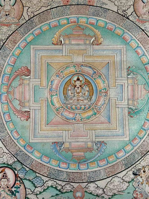 Chenrezig Mandala Silver Thangka - Art Of Tibet