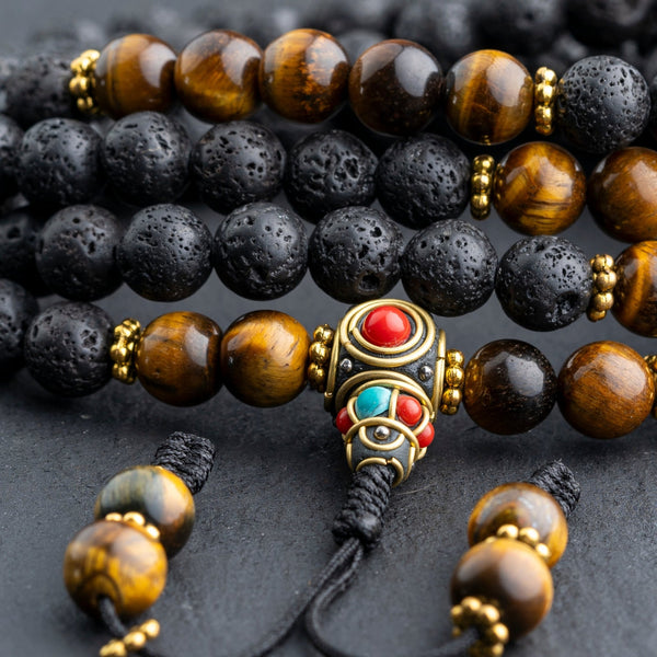 Lava Stone with Tiger Eye Guidance and Wisdom Mala - Art Of Tibet