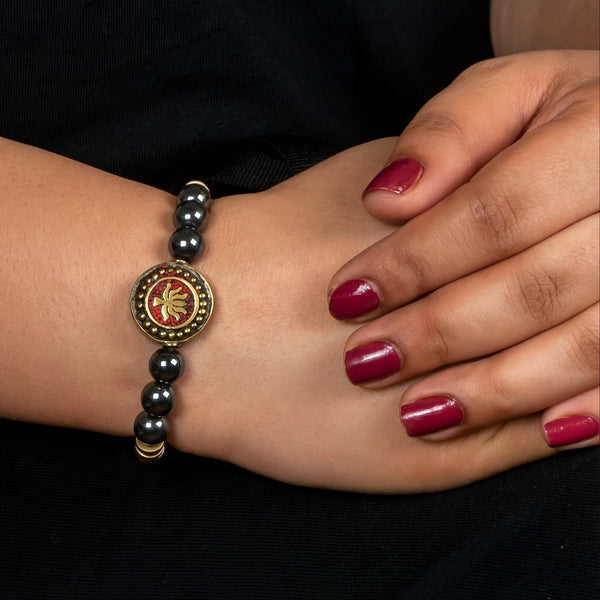 Love and Strength Hematite Stone Bracelet with Lotus Charm - Art Of Tibet
