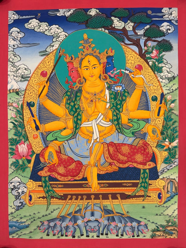 Marichi: Goddess of Dawn Pulled by a Chariot of Seven Pigs Thangka - Art Of Tibet