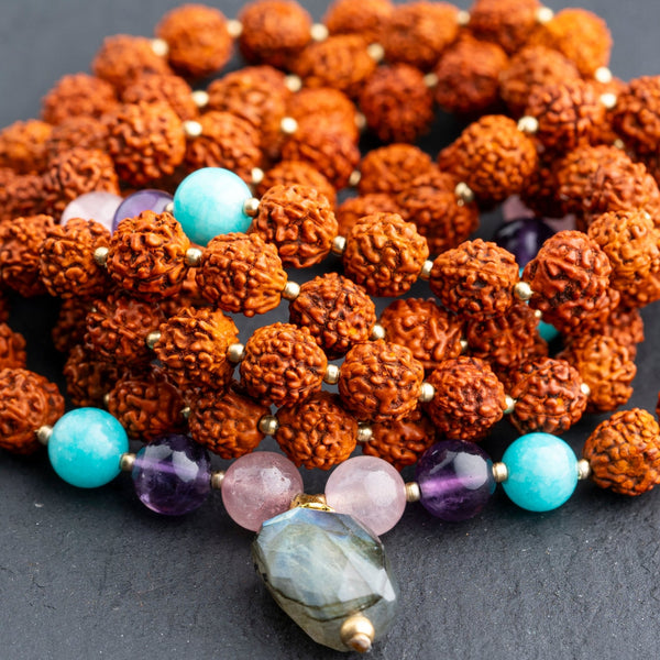 Rudraksha Mala with Labradorite Pendant - Art Of Tibet