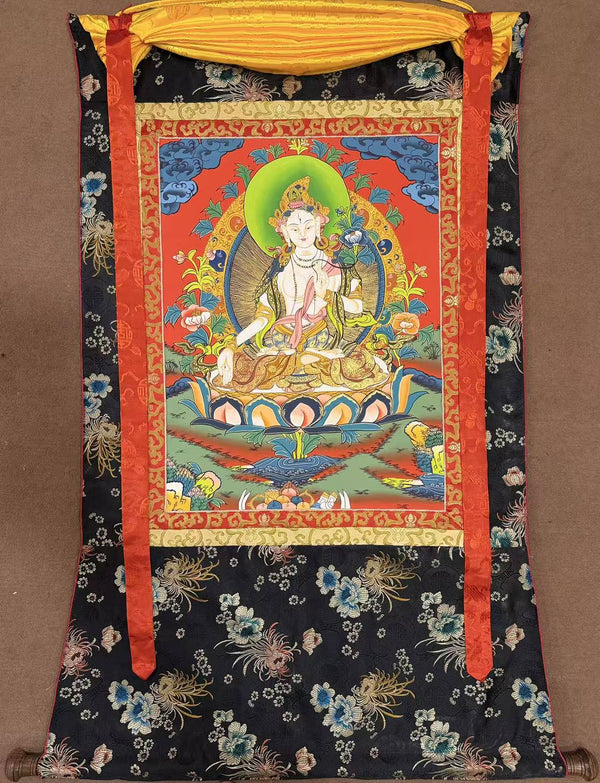 White Tara Thangka - Silk Framed - Art Of Tibet