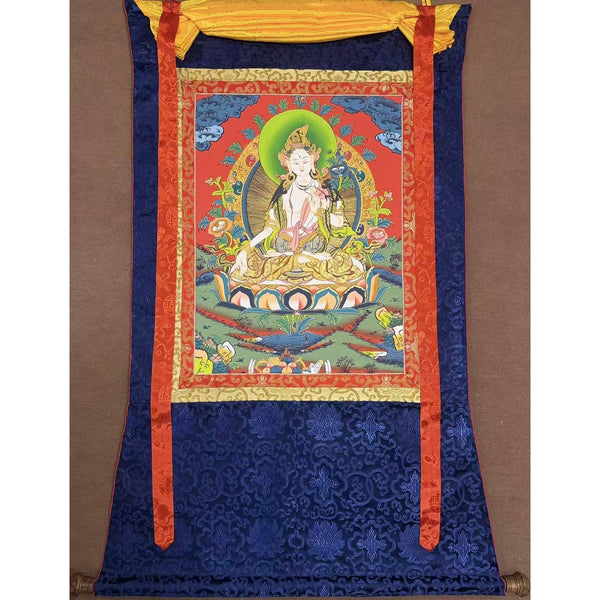 White Tara Thangka - Silk Framed - Art Of Tibet