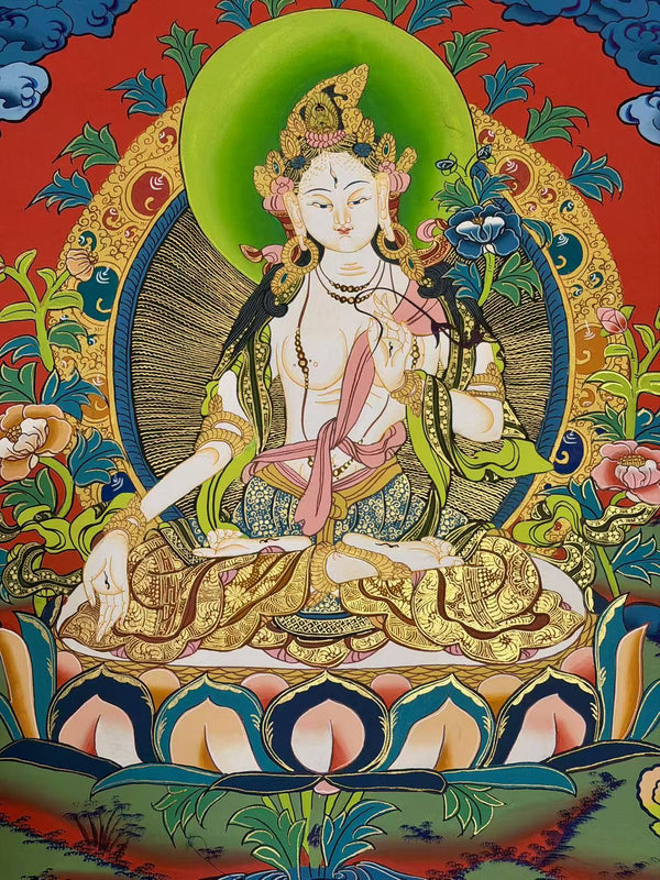 White Tara Thangka - Silk Framed - Art Of Tibet