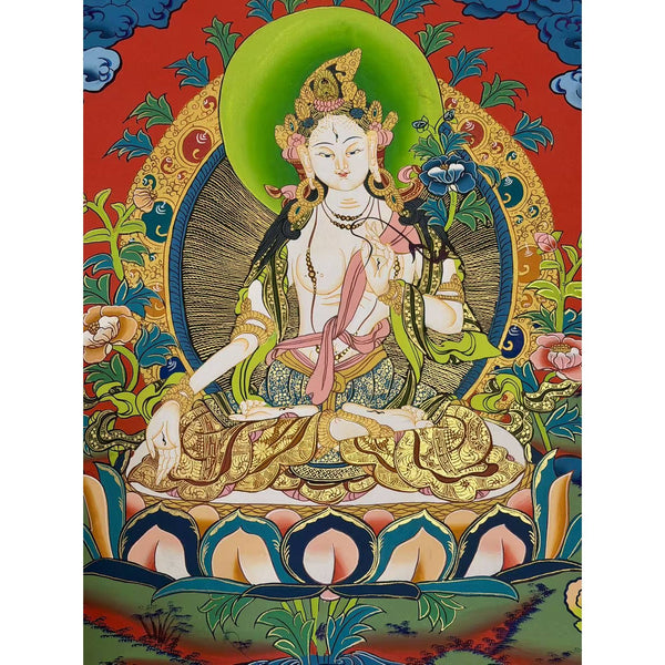 White Tara Thangka - Silk Framed - Art Of Tibet