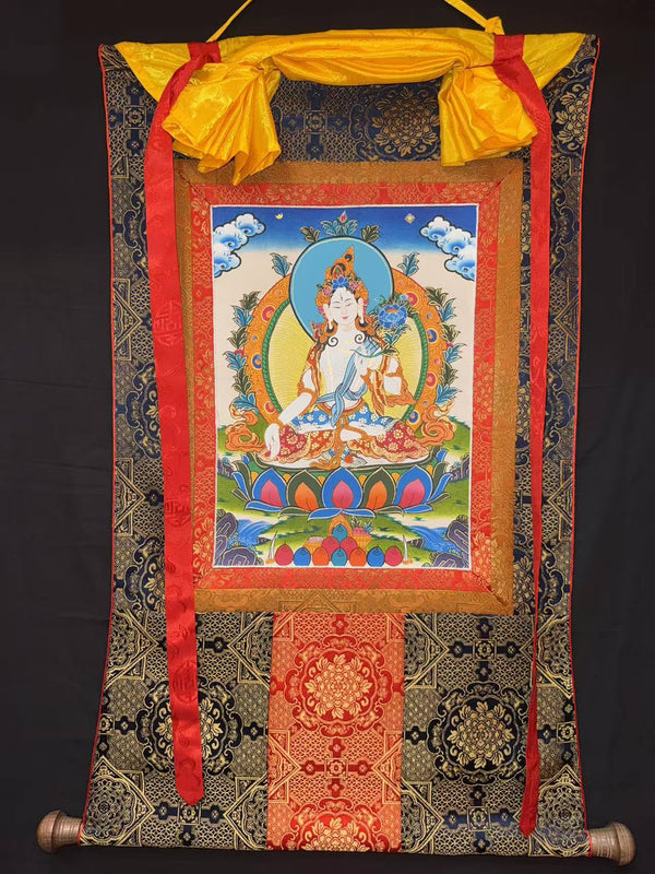White Tara Thangka - Silk Framed - Art Of Tibet