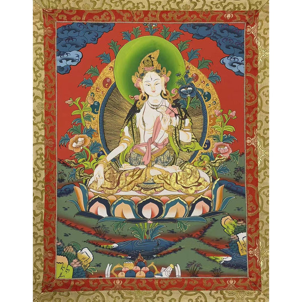 White Tara Thangka - Silk Framed - Art Of Tibet