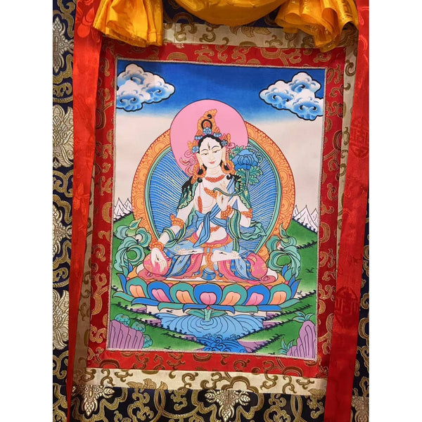 White Tara Thangka - Silk Framed - Art Of Tibet