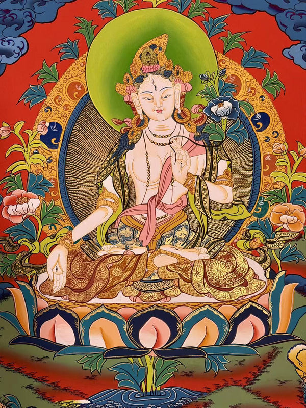 White Tara Thangka - Silk Framed - Art Of Tibet