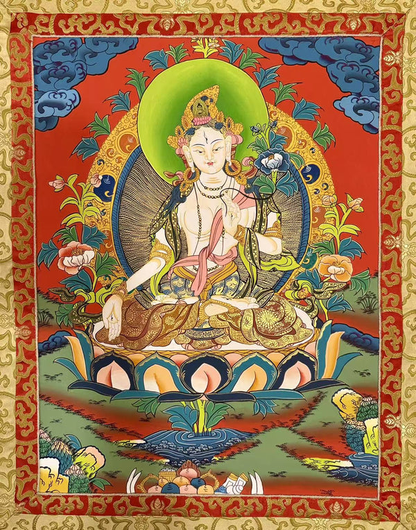 White Tara Thangka - Silk Framed - Art Of Tibet