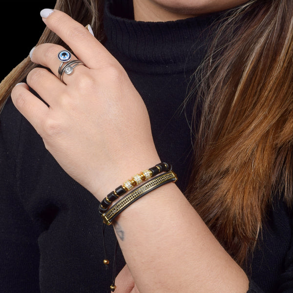 Matt Black Onyx Golden Bracelet Set