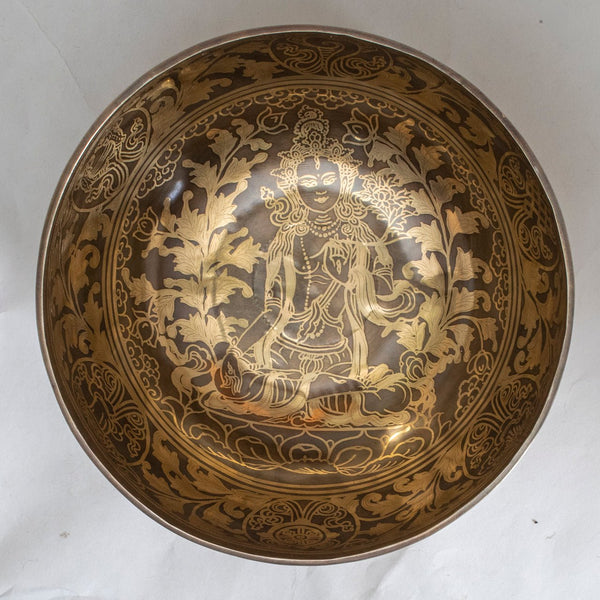 White Tara & Om Mantra Carved Singing Bowl