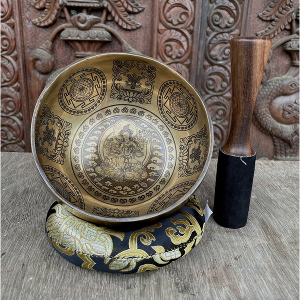 Green Tara with Eight Auspicious Symbols & Fengshui Fish Carved Singing Bowl