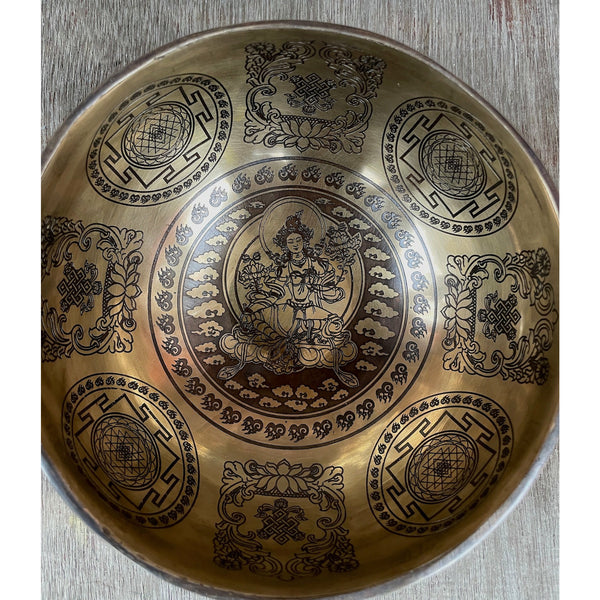 Green Tara with Eight Auspicious Symbols & Fengshui Fish Carved Singing Bowl
