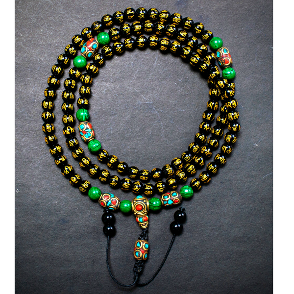 Onyx with Om Mantra Carving Mala