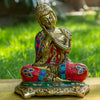 Resting Buddha Pure Bronze Statue with Coral, Turquoise and Lapis Stone Inlaid