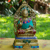 Blessing Buddha Pure Bronze Statue with Coral, Turquoise and Lapis Stone Inlaid