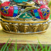 Lord Buddha Seated on Lotus Hand Pure Bronze Statue with Coral, Malachite and Lapis Stone Inlaid