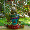 Manjushri Pure Bronze Statue with Coral, Turquoise and Lapis Stone Inlaid
