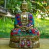 Amitabha Buddha Pure Bronze Statue with Coral, Turquoise and Lapis Stone Inlaid