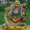 Lauging Buddha Pure Bronze Statue with Coral, Turquoise and Lapis Stone Inlaid
