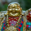 Lauging Buddha Pure Bronze Statue with Coral, Turquoise and Lapis Stone Inlaid