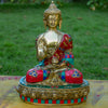 Amoghasiddhi Blessing Buddha Pure Bronze Statue with Coral, Turquoise and Lapis Stone Inlaid