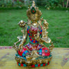 White Tara Buddha Pure Bronze Statue with Coral, Turquoise and Lapis Stone Inlaid