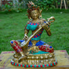 Goddess Saraswati Pure Bronze Statue with Coral, Turquoise and Lapis Stone Inlaid