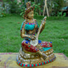 Goddess Saraswati Pure Bronze Statue with Coral, Turquoise and Lapis Stone Inlaid